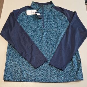 Maelreg Navy and Teal Patterned Quarter-Zip Pullover, Size Med. NWT